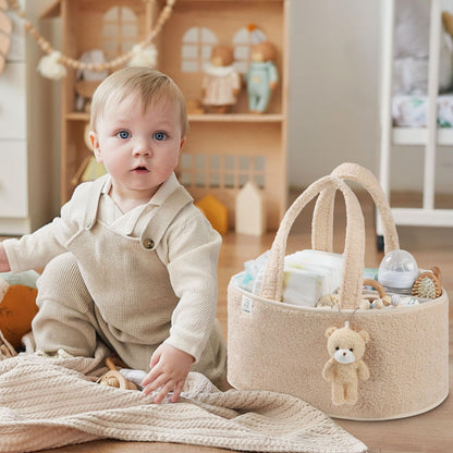 CLYMENE Baby Diaper Caddy Organizer, Nursery Storage Basket for Diapers and Wipes - Newborn Changing Table Essentials, Baby Gift Registry for Baby Shower - Diaper Tote Bag for Car Travel - Ivory