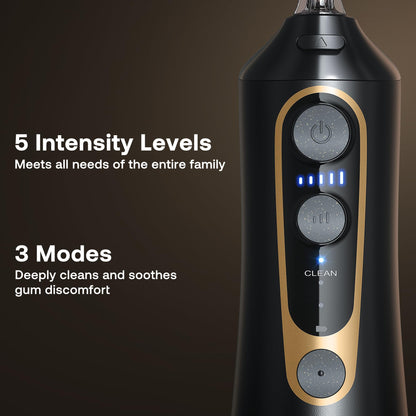 Bitvae Water Dental Flosser for Teeth, Cordless Water Teeth Cleaner Picks, 3 Modes 5 Intensities, IPX7 Waterproof, Rechargeable Water Dental Picks for Cleaning - Black