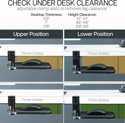 VIVO Clamp-on Mouse Pad Holder Platform, Adjustable Under Desk 360° Rotating Tray Rest Extension Attachment, up to 2 inch Desktops, Black, MOUNT-MS01A