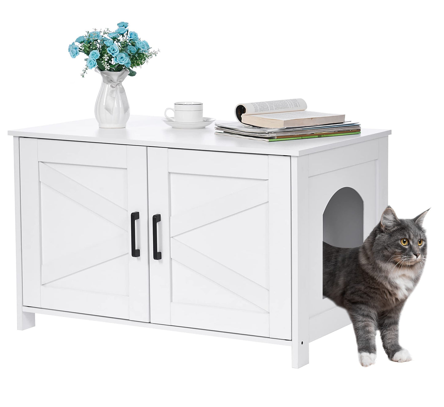 Homhedy Cat Litter Box Enclosure, Wooden Cat Washroom Furniture with Barn Door, Pet House, Fit Most of Litter Box, White