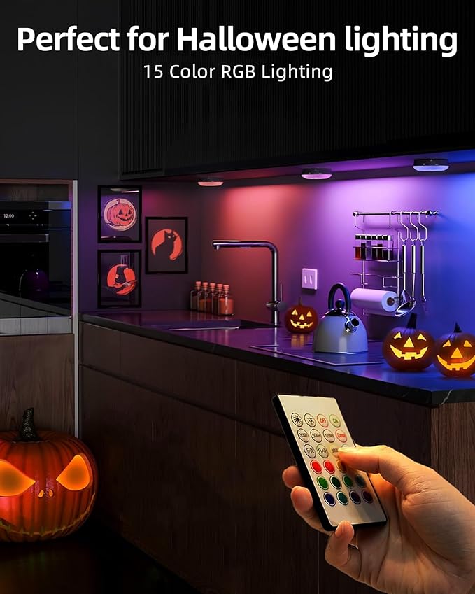 EZVALO Under Cabinet Lighting with Charging Station,1000mAh Rechargeable Puck Lights with Remote, 3 Color Temps & 12 RGB Closet Lights, Dimmable Motion Sensor Lights for Shelf, Kitchen (6 Packs)