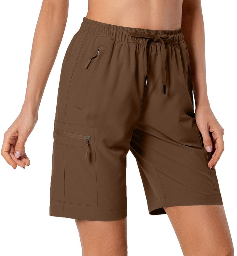 Hugut Women's Lightweight Hiking Cargo Shorts Quick Dry Athletic Shorts Camping Travel Golf Zipper Pockets Water Resistant Brown