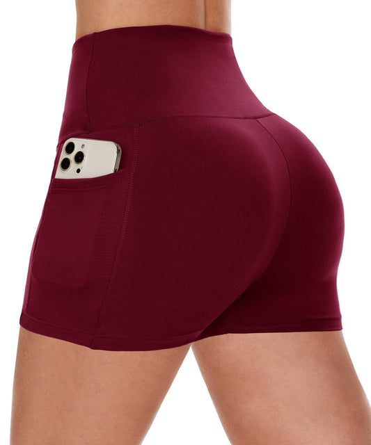 CAMPSNAIL Biker Shorts Women with Pockets - 3"/5"/8" High Waisted Workout Spandex Tummy Control Gym Running Yoga Shorts Burgundy