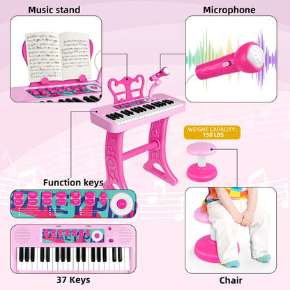 Amy&Benton Birthday Gift for 3 4 5 6 7 Year Old Girls Piano Toy with Stood for Girls 3-5 Pink Music Keyboard Toy 37 Keys with Chair