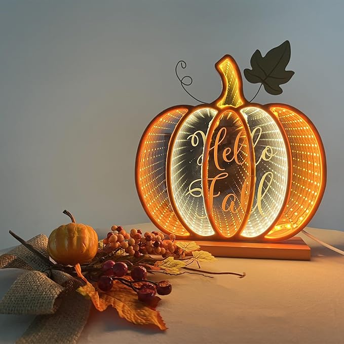Infinity Fall Pumpkin Décor, Light Up Harvest Pumpkin Lights with USB Powered,8.58 Inch H Standing Fall Pumpkin for Table,Shelf or Room Decoration