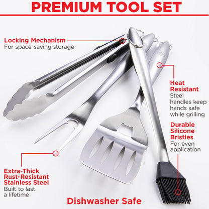Alpha Grillers Grill Set Heavy Duty BBQ Accessories - BBQ Tool Set 4pc Grill Accessories with Spatula, Fork, Brush & BBQ Tongs - Gifts for Dad Durable, Stainless Steel Grill Tools
