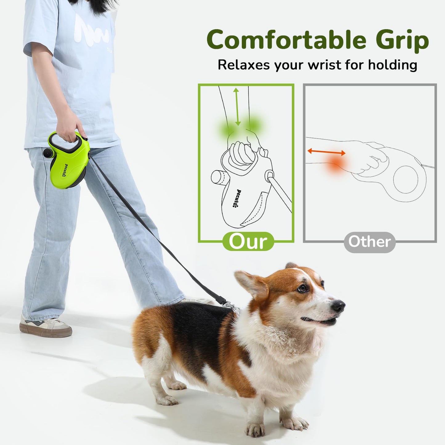 Pecute Retractable Dog Leash with Poo Bag Holder, 10m/32ft Extended dog Leash with 360° Tangle-Free, Anti-Slip Handle and Quick Brake Button, Suitable for Dogs Up to 110lbs/50kg in Weight