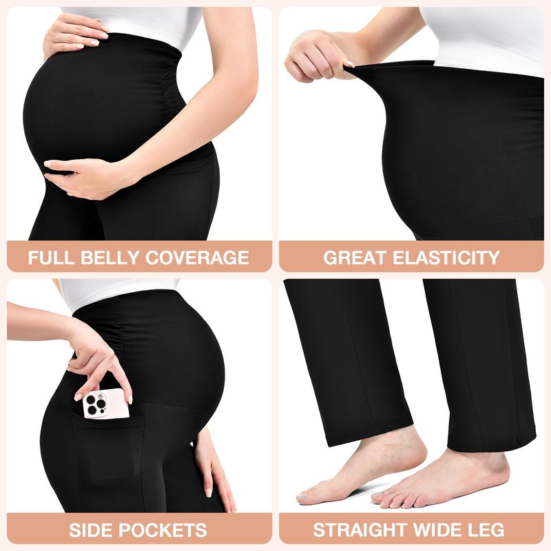Leafigure Maternity Pants with Pockets Over The Belly Lounge Wide Leg Yoga Pants for Women Pregnancy Black L