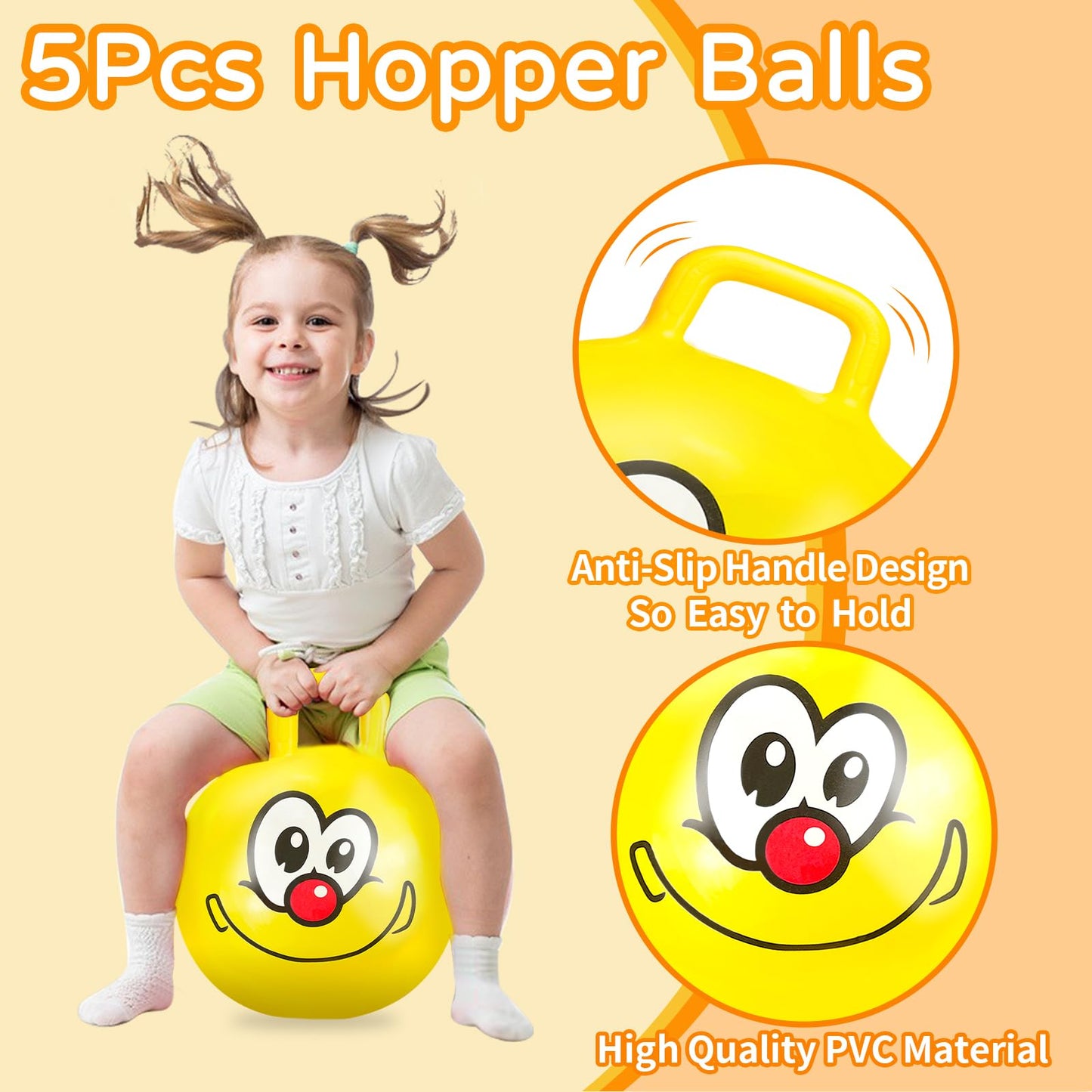5 Pcs Hopper Ball Carnival Outdoors Jumping Hopping 18 Inch Bouncing Ball with Handle and Air Pump for Kids Sports School Ride Games Balance Exercise Fun