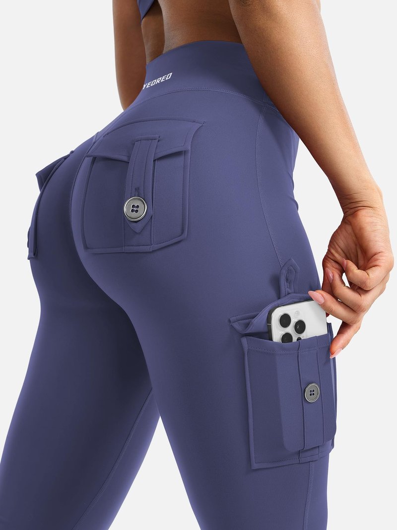 YEOREO CoreFlex Women Workout Flare Leggings with Pockets Hidden Scrunch High Waisted Cargo Gym Yoga No Front Seam Leggings Dark Blue XL