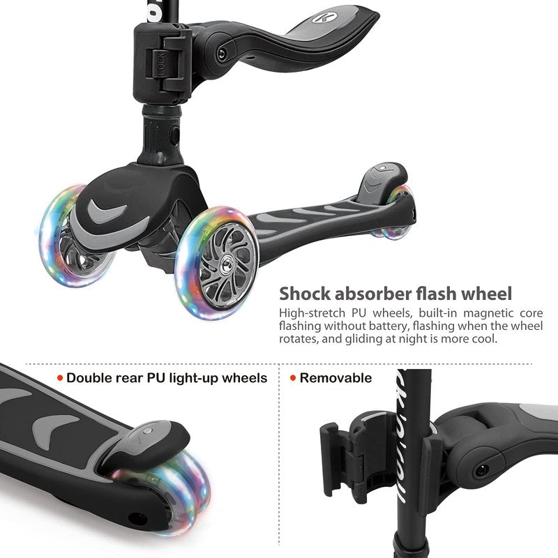 Kicknroll Kids Kick Scooter 2-in-1 Light Up 3 Wheel Scooters with 4 Levels Adjustable Handlebar, Folding Seat, Extra Wide No-Slip Deck for Girls Boys Ages 3-8 Years Old Max 110 Lbs