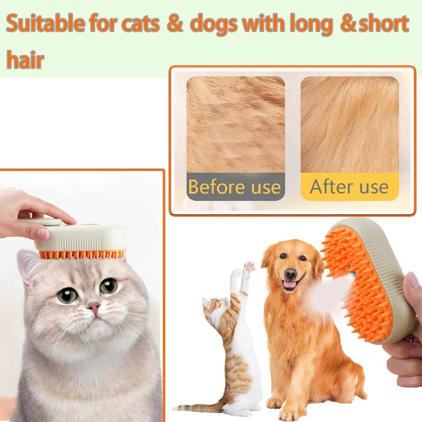 Cat Steam Brush for Shedding Dog Brush with Steam Pet Hair Cleaning Brush Comb for Spray 3 in 1 Pet Grooming for Long & Short Haired Pets – Spritz Defur Comb for cats(orange)