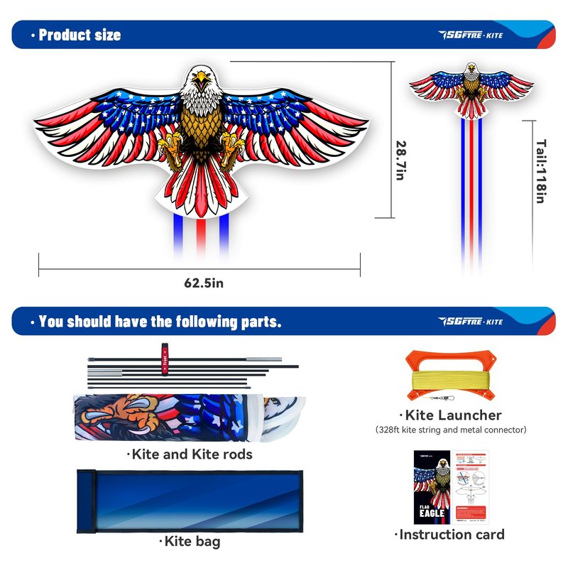 SGftre Complete Kite with Handle, Line & Accessories,Easy to Fly for Kids & Adults, Perfect for Beach, Park, Family Outdoor Activities (Eagle Flag, 1)