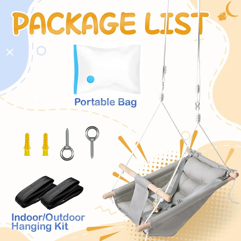 Baby Swing - Indoor & Outdoor Canvas Hammock for Toddlers | Comfortable Seat, Adjustable 5-Point Harness, Grey