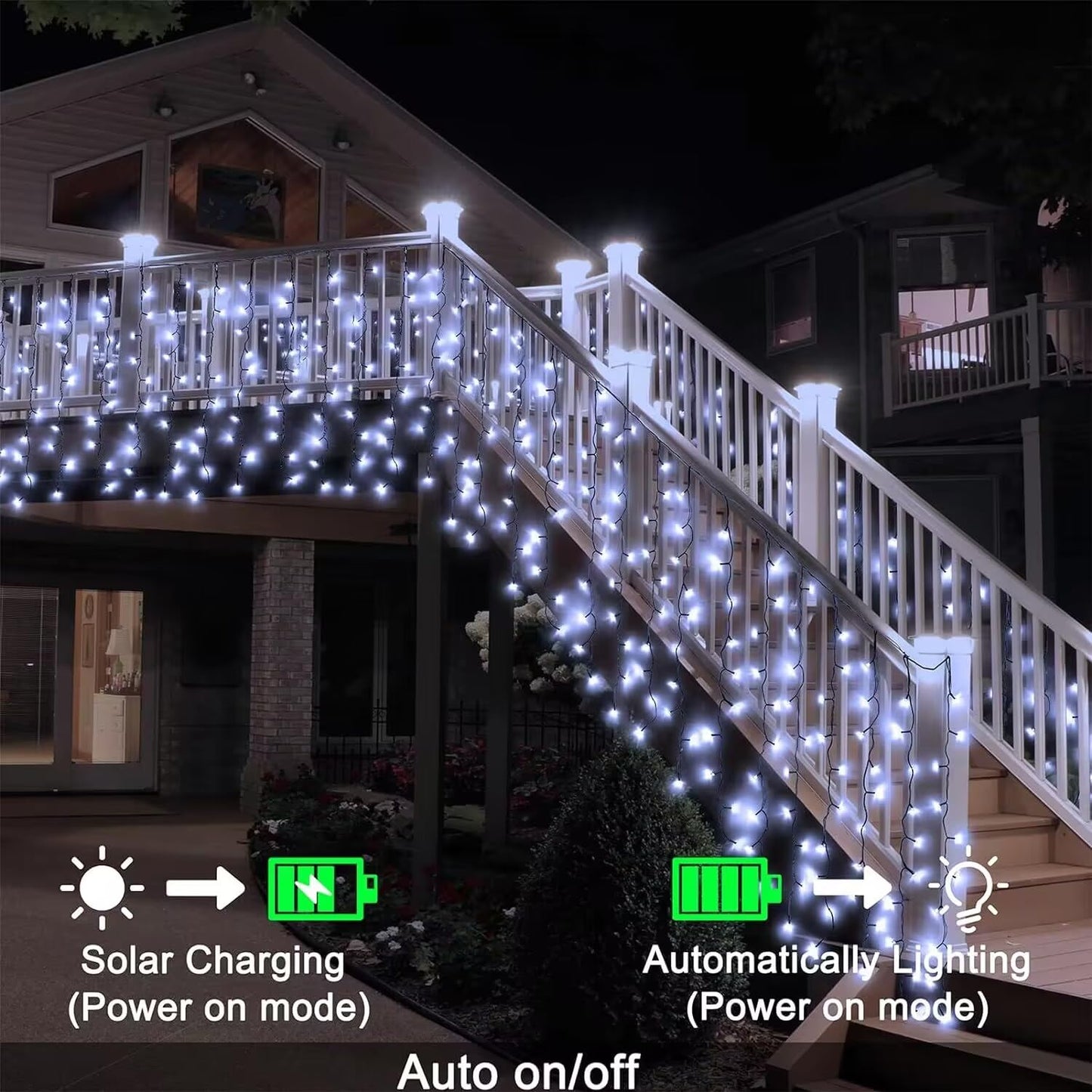 DBFAIRY Solar Curtain Lights,13ft x 3.3ft 200 LED Outdoor Solar Curtain Lights Waterproof Green Wire with 8 Mode for Garden Handrail Railing Eaves Wall Decoration -Cool White