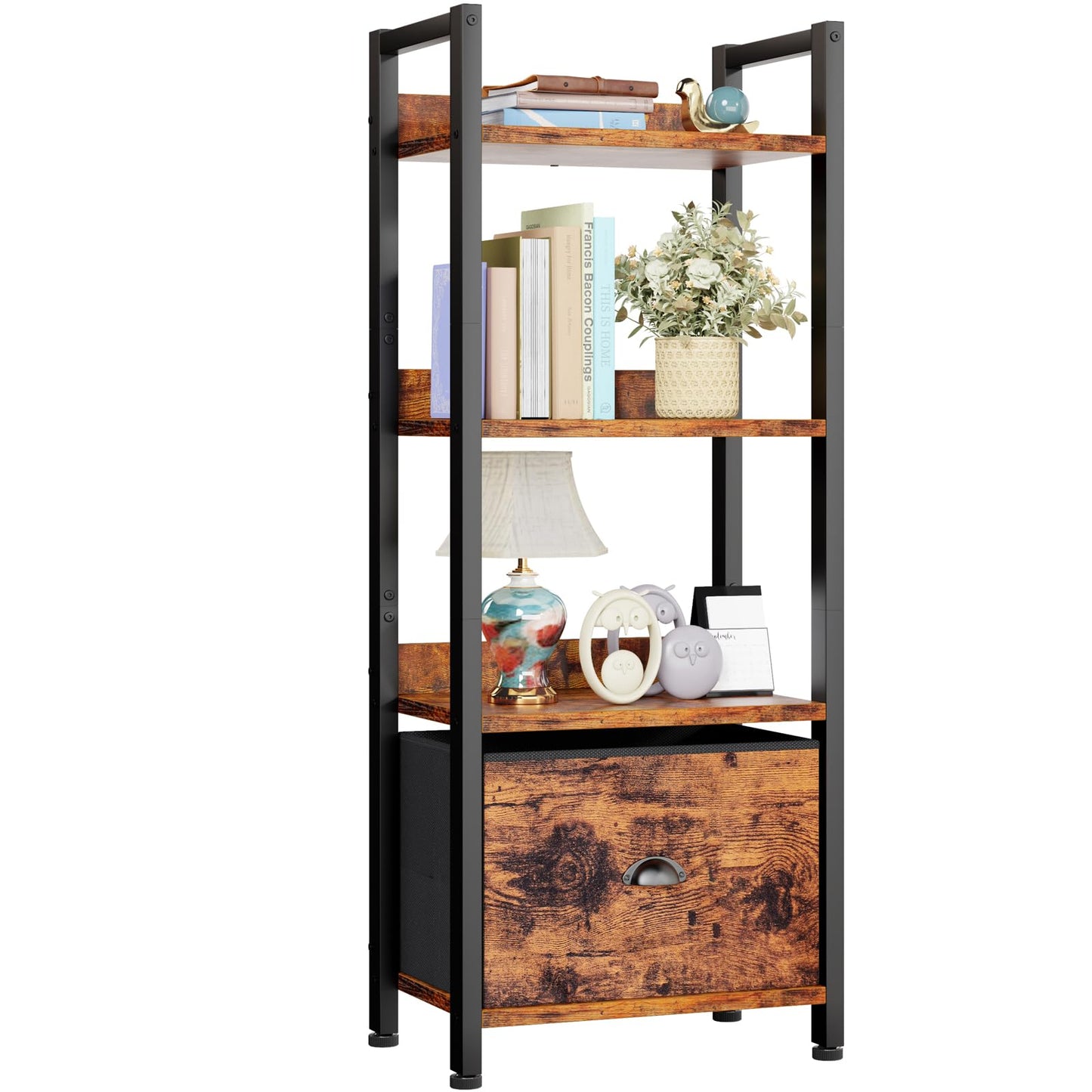 Furologee 4 Tier Bookshelf with Drawer, Tall Bookcase with Shelves, Narrow Bookshelves Storage Organizer, Wood and Metal Display Standing Shelf Unit for Bedroom, Living Room, Rustic Brown