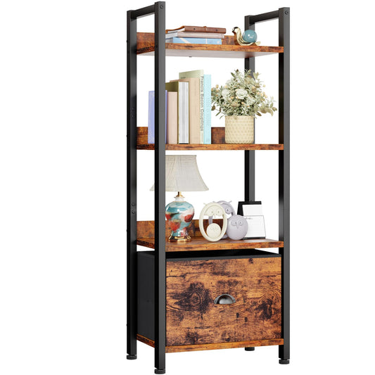 Furologee 4 Tier Bookshelf with Drawer, Tall Bookcase with Shelves, Narrow Bookshelves Storage Organizer, Wood and Metal Display Standing Shelf Unit for Bedroom, Living Room, Rustic Brown