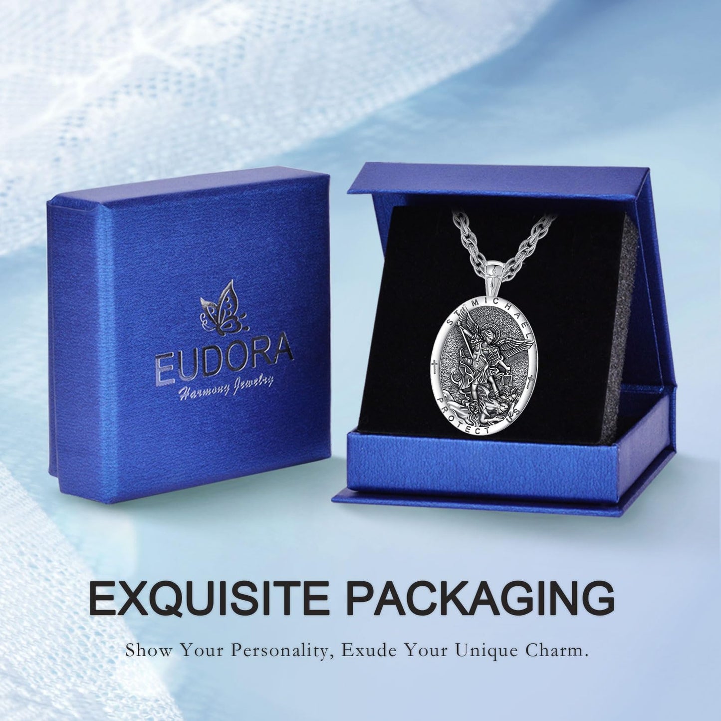 EUDORA St Saint Michael Necklace Medal for Women Men S925 Sterling Silver, Archangel St Michael Pendant for Protection Medalla de San Miguel Arcangel Christian Jewelry Gifts for Mens Women, 22"+2"