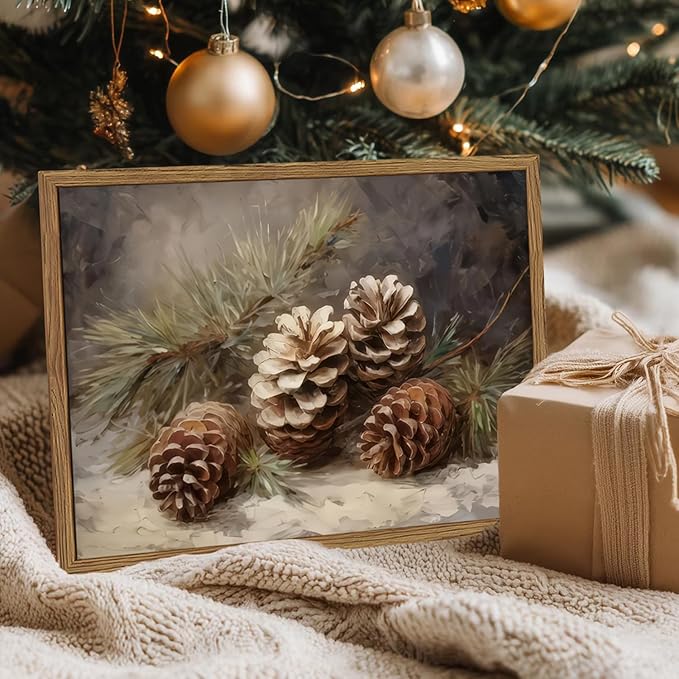 Framed Vintage Christmas Canvas Wall Art, Pine Cones Wall Decor Paintings, Winter Holiday Aesthetic Pictures Prints Rustic Home Decor for Living Room Bedroom Farmhouse 8×10 inch