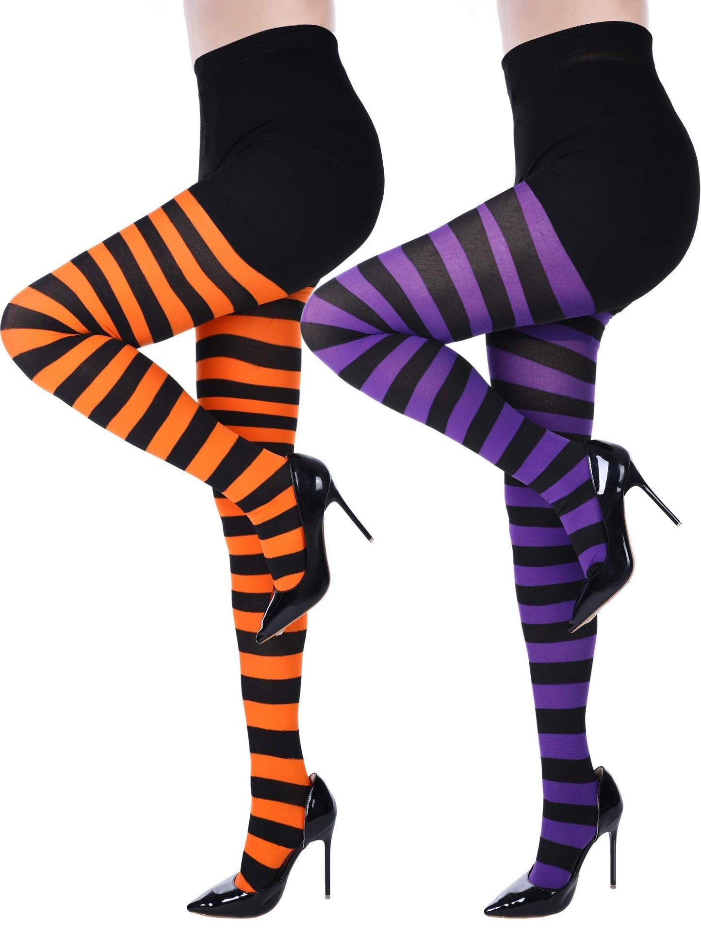 SATINIOR 2 Pcs Halloween Witch Tights for Women Striped Stockings Witch Striped Leggings Footed Pantyhose for Women Girls Halloween Costume Party Dress up(Orange and Black, Purple and Black,Stripe)