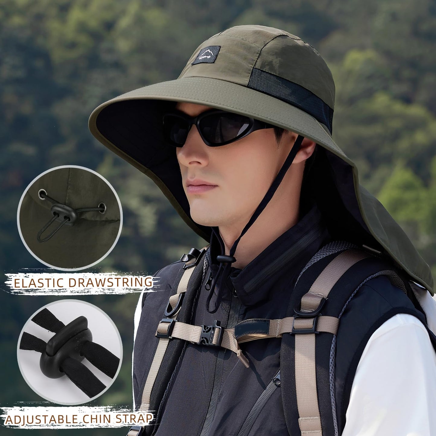 Rosoz Outdoor Sun Hat for Men Women, UPF50+ Protection Safari Cap Wide Brim Mesh Fishing Hat with Neck Flap Beach Garden