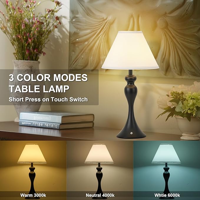 Cordless Bedside Lamp for Living Room, Table Lamp for Bedroom, 3-Way Dimmable Nightstand Lamp with Fabric Shade, Rechargeable Touch Led Desk Lamp Battery Operated Lamp for Dorm, Home Office (Black)
