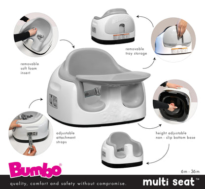 Bumbo 3-in-1 Multi-Seat for 6 to 36 Months, Travel Baby Feeding & Play Floor Seat, All-in-One Portable Booster with Tray & Toddler High Chair, Cool Grey