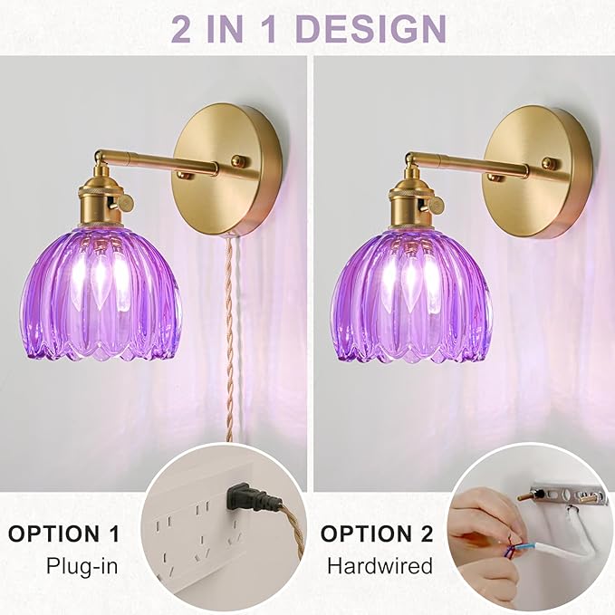 Plug in Wall Sconces Set of 2, Vintage Wall Sconce Light with Tulip Purple Glass Lampshade, 180° Adjustable Wall Sconce with Switch and Plug in wall lamp Cord, Gold Wall Light Wall Decor Set of 2
