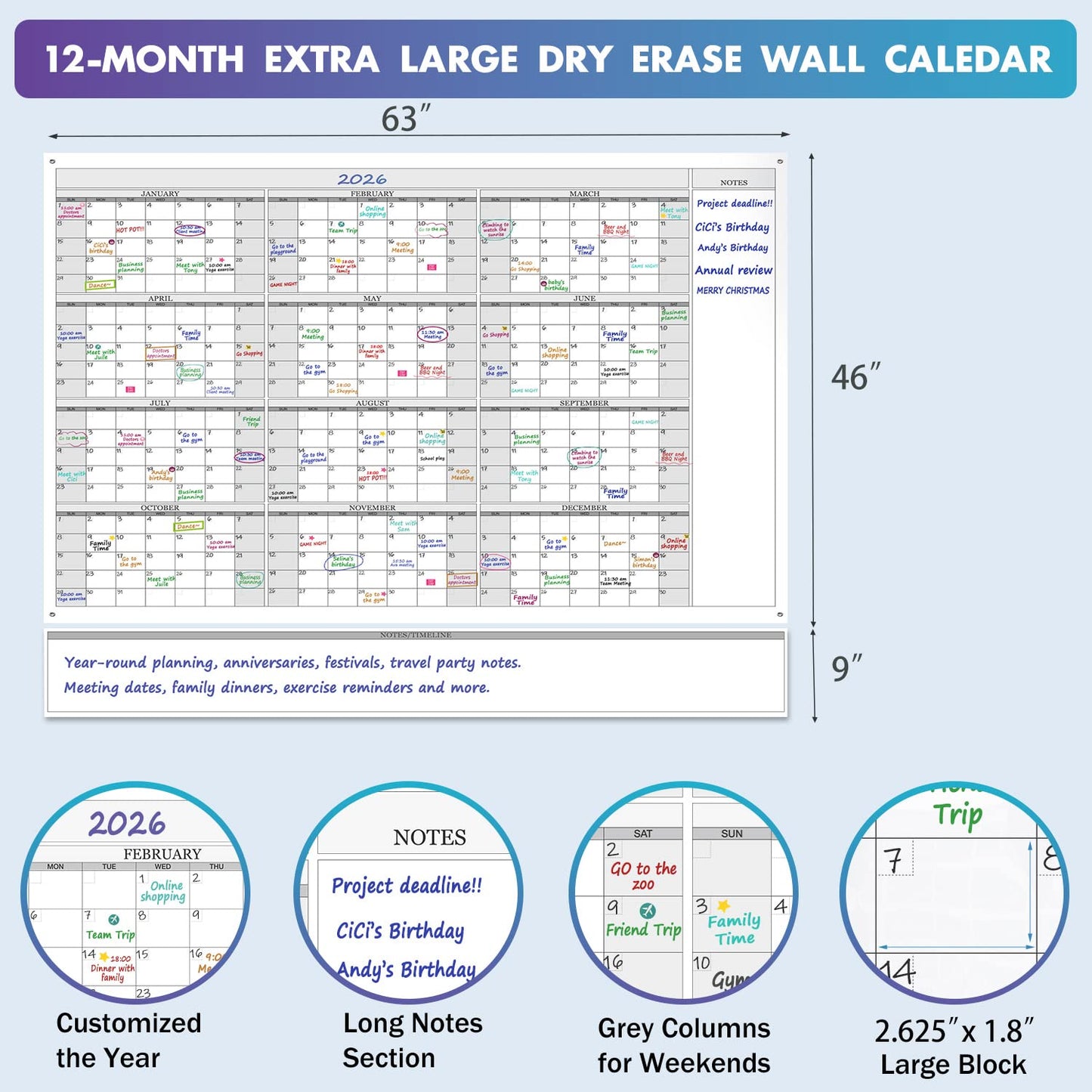 Jumbo Dry Erase Yearly Whiteboard Wall Calendar, 55" x 63", Huge 12 Month Laminated Erasable White Board, Giant Annual Family Schedule Planner, Large Undated Reusable Year Poster