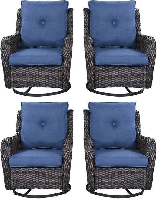 Rilyson Wicker Rocking Chair Swivel Chairs - 4 Piece Rocker Patio Chairs Set Rattan Rocking Chair for Outdoor Porch Deck Garden Backyard(Brown/Blue)