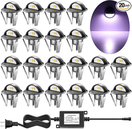 Pack of 20 Low Voltage LED Deck Lighting Kit Stainless Steel Waterproof Outdoor Landscape Garden Yard Patio Step Decoration Lamps LED In-ground Lights (Cold White)