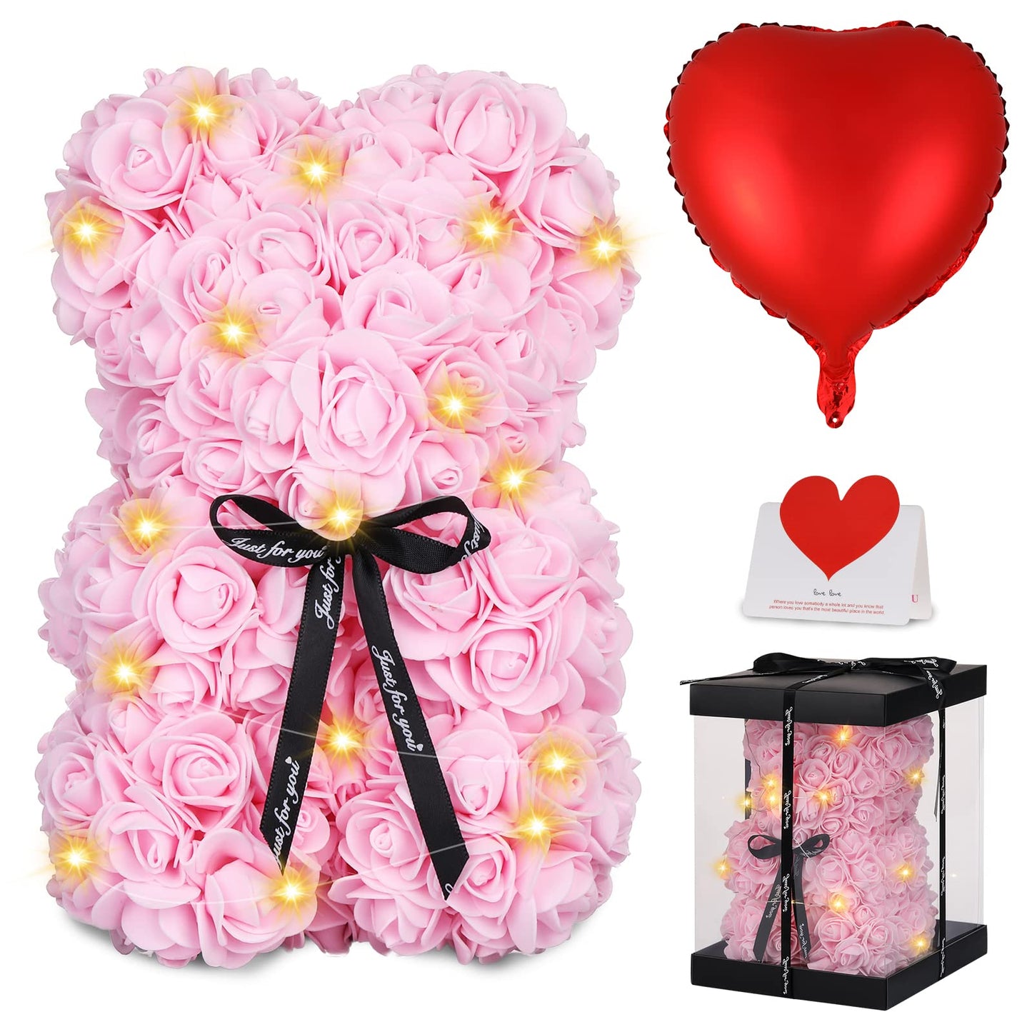 Rose Bear Christmas Flower Gifts for Mom Grandma, Rose Teddy Bear with Lights, Cute Teddy Flower Bear, Cute Romantic Gifts for Wife Girlfriend with Transparent Gift Box and Love Card