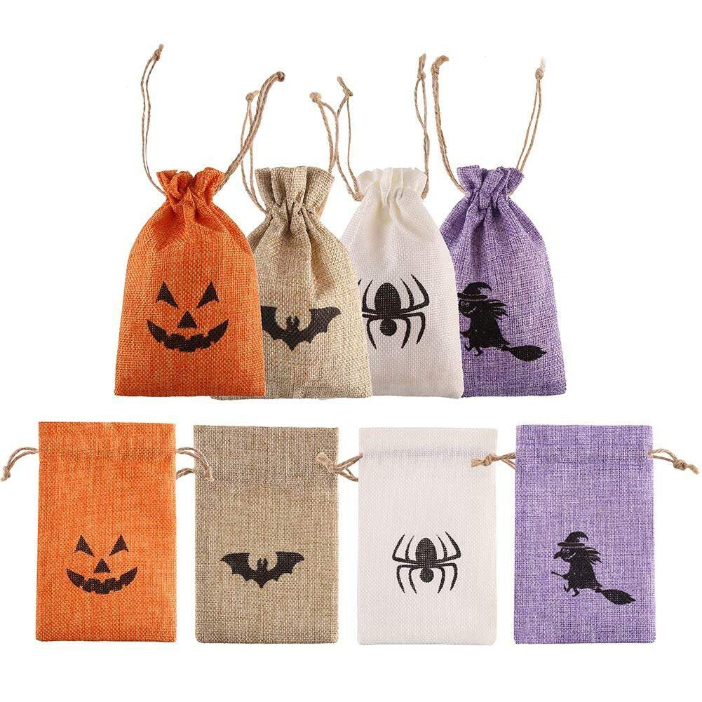 DECORA Halloween Burlap Gift Bags with Double Jute Drawstrings Candy Pouch Halloween Treat Bags with Different Designs Pack of 50