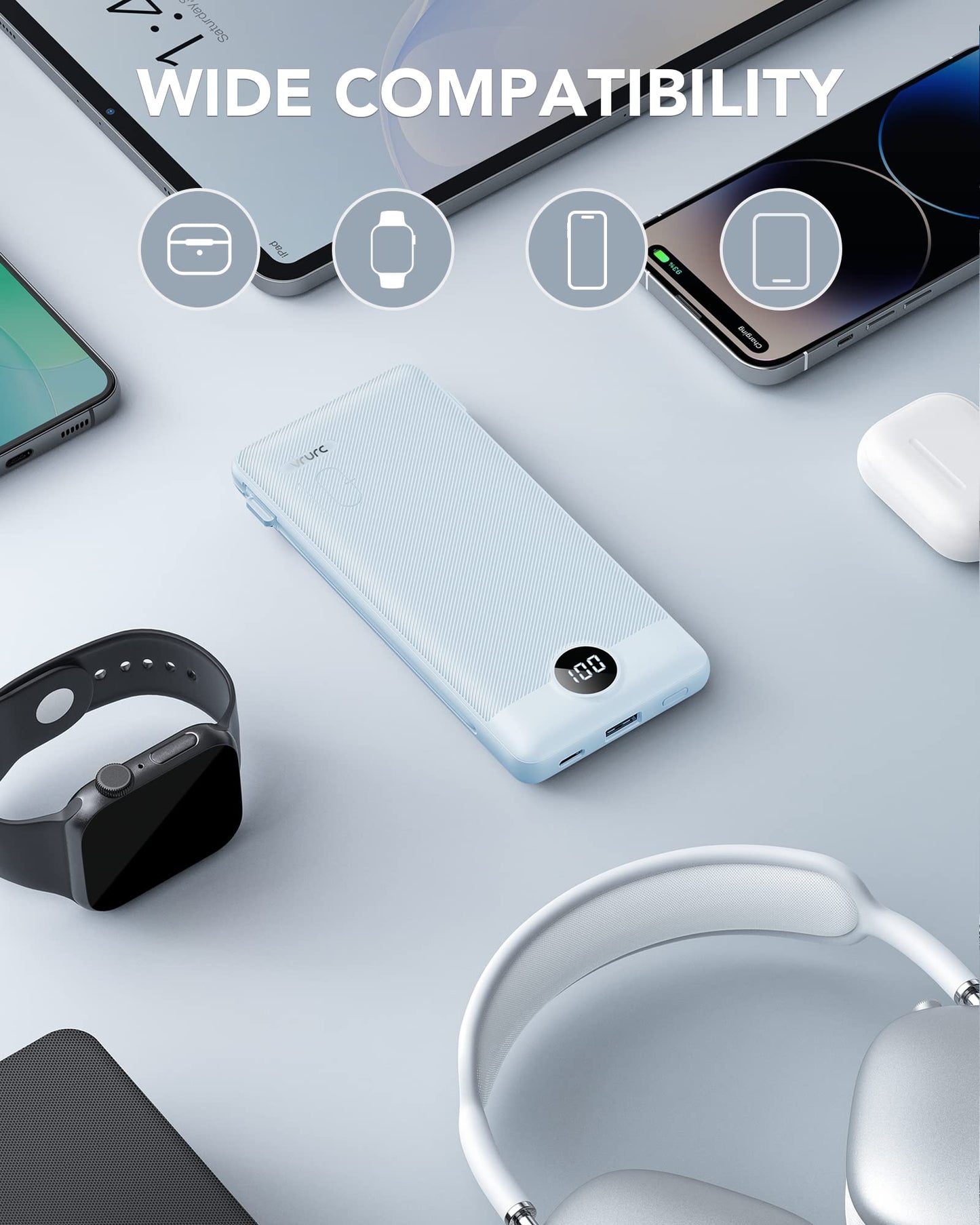 VRURC Portable Charger Built-in Cables and AC Wall Plug, USB C Power Bank 10000mAh, Travel Essentials Phone Charger Compact Lightweight External Battery Pack for Smart Phones, Tablets etc-Pink