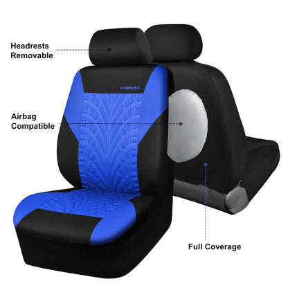 CAR PASS Car Seat Covers Full Sets, Front & Split Rear Bench for Car, 3D Tyre Embossed Automotive Interior Covers, Airbag Compatible, Quick Setup Universal Fit Seat Covers for Car, SUV(Black Blue)
