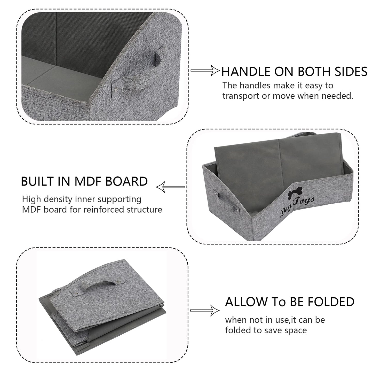 Geyecete Large dog toy bin dog toy box storage box - Foldable Fabric Trapezoid Organizer Boxes with Handle, Collapsible Basket for Dog Toys (Gray-DOG)
