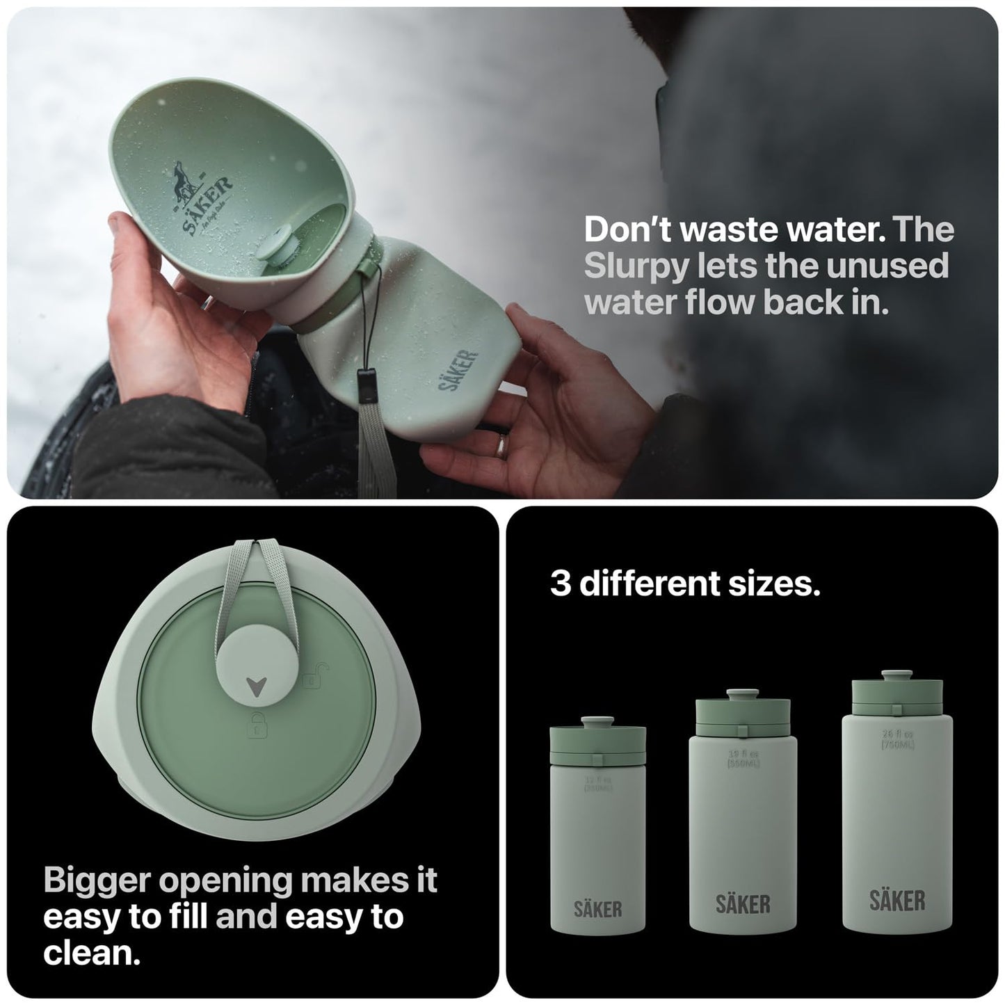 SÄKER Portable Dog Water Bottle, Collapsible Water Bottle for Dogs Perfect for Walking, Hiking and Outdoors | Works as a Portable Water Bowl | Designed in Montreal - 350ml