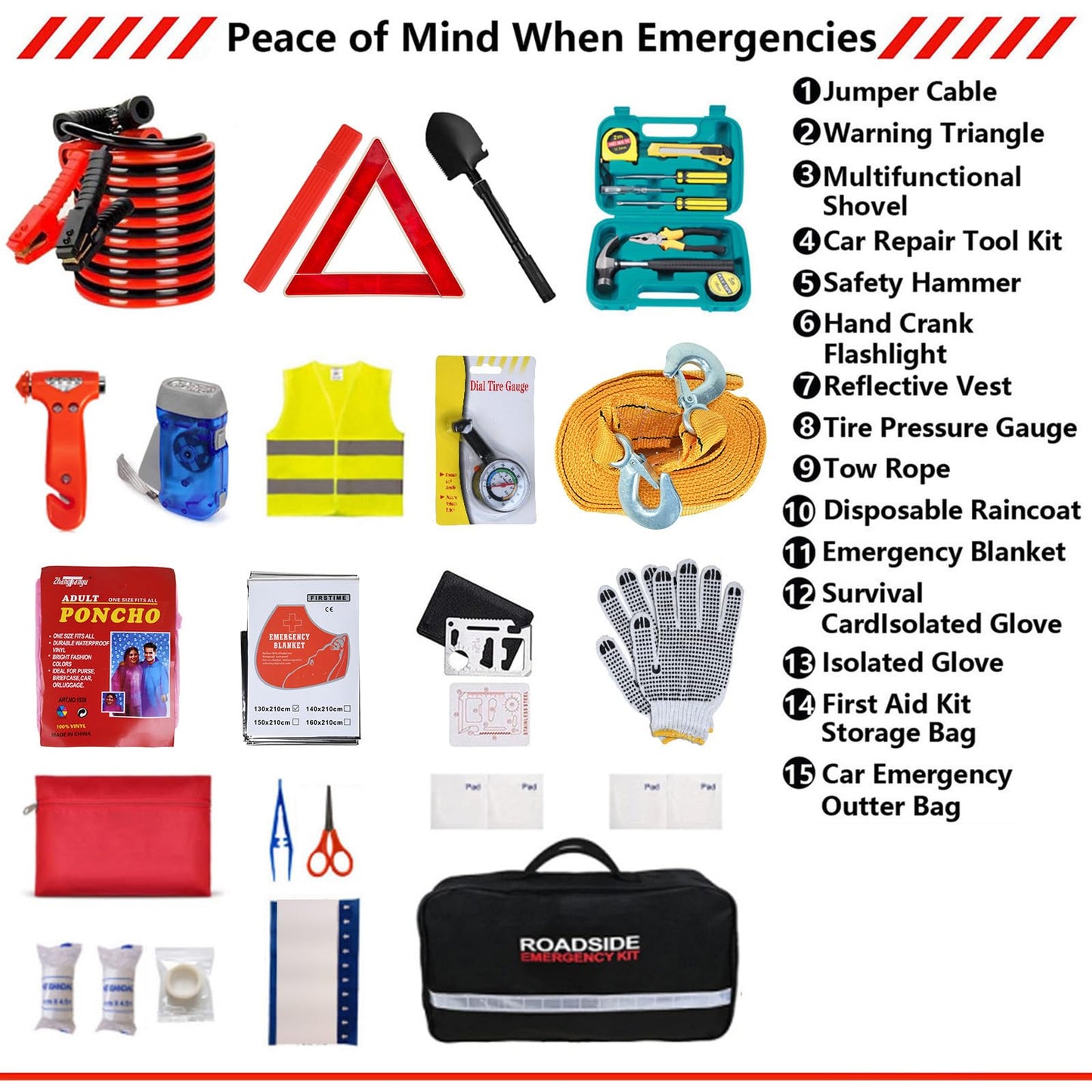 Car Emergency Roadside Tool Kit with Jumper Cable Shovel,Auto Truck Vehicle Assistant Safety Kit Bag for Men Women with First Aid Kit, Winter Basic Automobile Road Side Kit