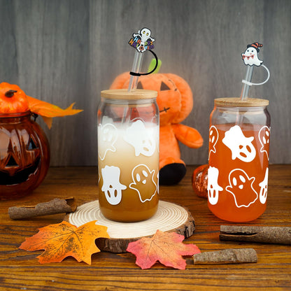 ANOTION Halloween Mugs - 18oz Halloween Ghost Decorations Glass Cups Tumbler for Iced Coffee, Glassware Cookie Jar Decor Gift Drinking Water Bottles