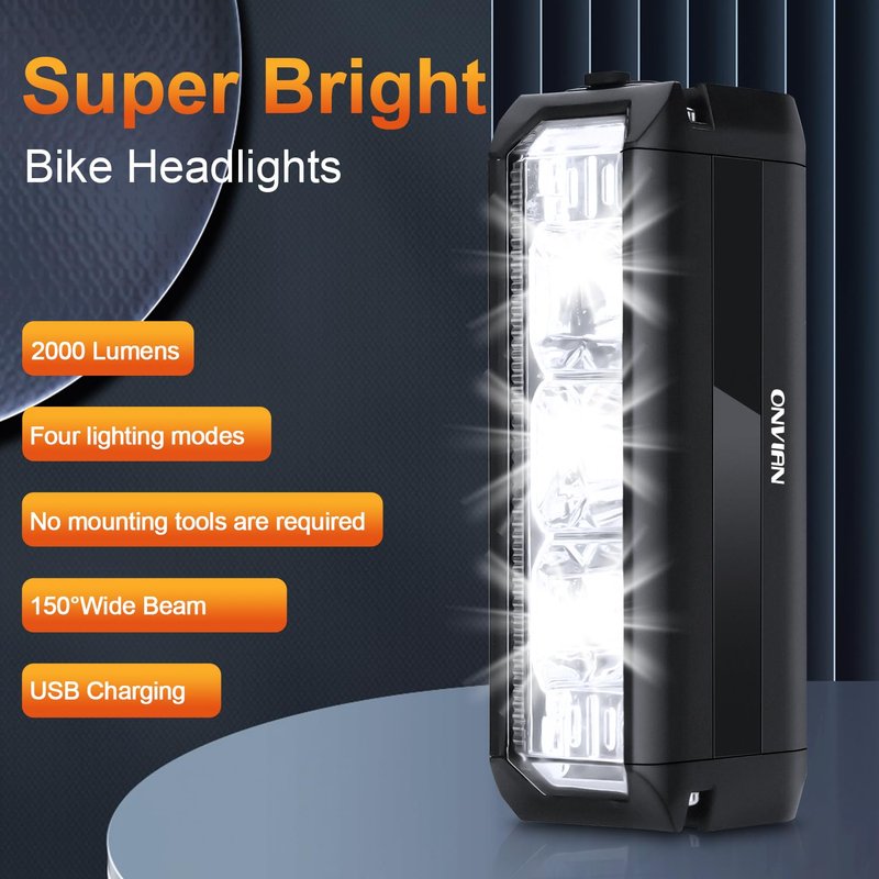 ONVIAN 2000 Lumen Bike Headlight Rechargeable, 4 LED Modes Bike Light for Night Riding, Sturdy Aluminum Alloy Installation for Bicycle Snowblower 4Wheelers Cycling MTB Headlights Handlebar Accessories
