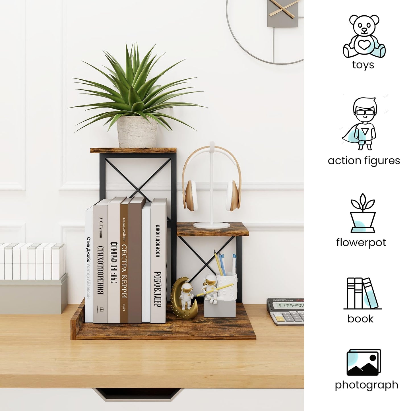 ELITEROO Desk Shelf Organizer, Wood Desktop Organizer Small Bookshelf, 3 Tier Storage Shelf Riser Display Stand for Office Decor and Desk Accessories, Rustic Brown Black