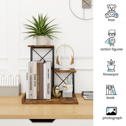 ELITEROO Desk Shelf Organizer, Wood Desktop Organizer Small Bookshelf, 3 Tier Storage Shelf Riser Display Stand for Office Decor and Desk Accessories, Rustic Brown Black