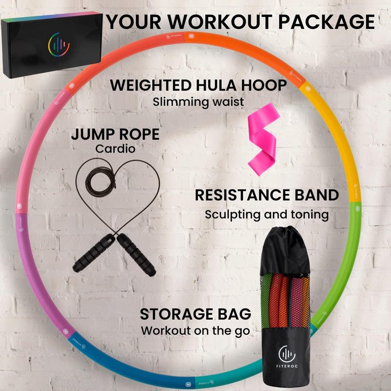 Weighted Fitness Hoop - Adjustable 2.8 lb Large Size for Core Workouts & Weight Loss | 8 Detachable Sections