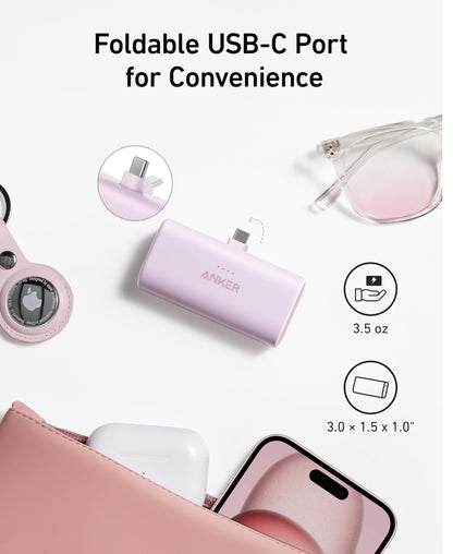 Anker Nano Power Bank, Mini Portable Charger with Built-In Foldable USB-C Connector, 5,000mAh Battery Pack 22.5W, For iPhone 17/16, Samsung S23 Series, Note20 Series, Huawei, iPad, AirPods, and More