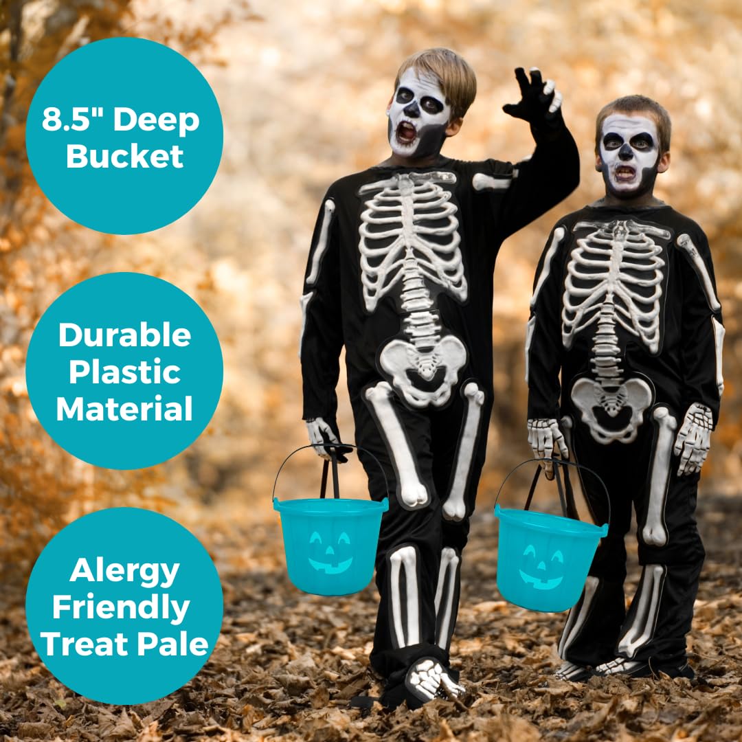 Teal Pumpkin Halloween Trick or Treat Bucket 8.5 in (1 Pack)-Official Teal Pumpkin Project Allergy-Friendly Candy Pail Accessory and Party Decoration Supplies, Haunted House Plastic Bowl w Handle