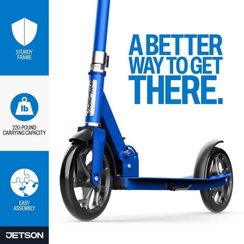 Jetson Hex 2-Wheel Kick Scooter, Sturdy Wide Deck, Rear Brake, Easy-Folding Mechanism, Kickstand, Ages 8+ Blue, JHEX-ABL