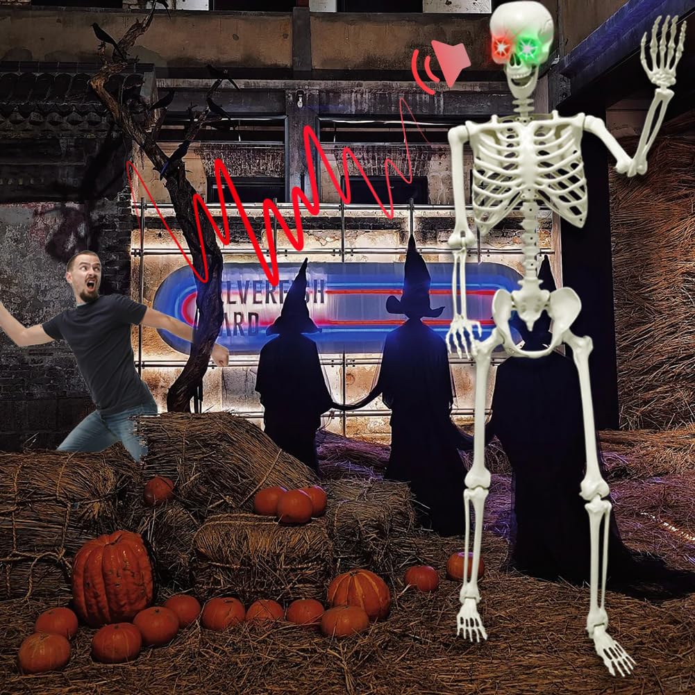 CAMIRUS 5.4FT Full Size Halloween Skeleton, Life Size Posable Skeleton with Glowing Eyes Scary Sound, Plastic Skeleton with Movable Joints for Halloween Decoration