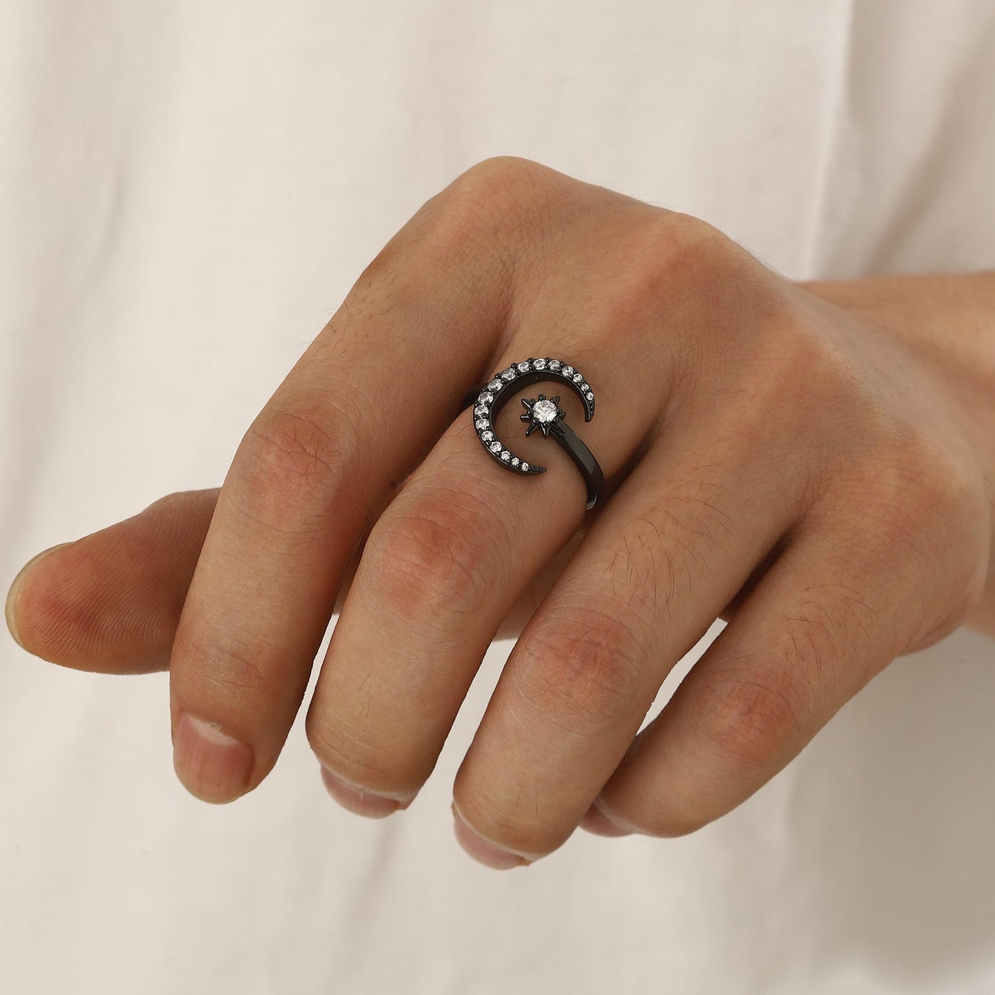 beautlace Star and Moon Adjustable Rings Black Gun Plated Crescent Moon Stars Open Ring Jewelry for Women KR0032K