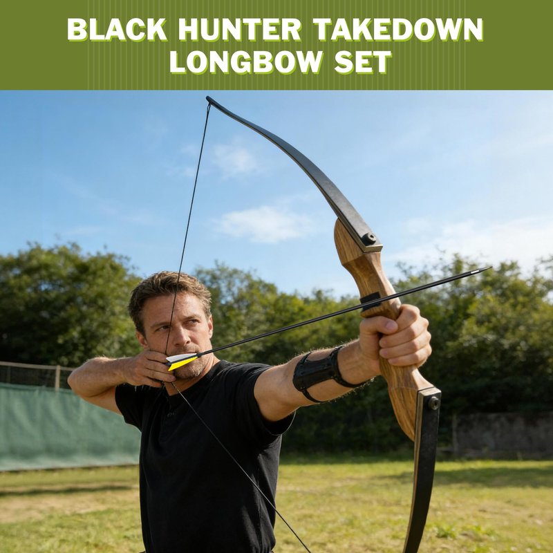 Black Hunter Longbow and Arrow Set, GLURAK 62'' Traditional Wooden Takedown Longbows Package, Archery Bow Kit for Target Practice and Hunting, Right Hand, 25-55 Lbs