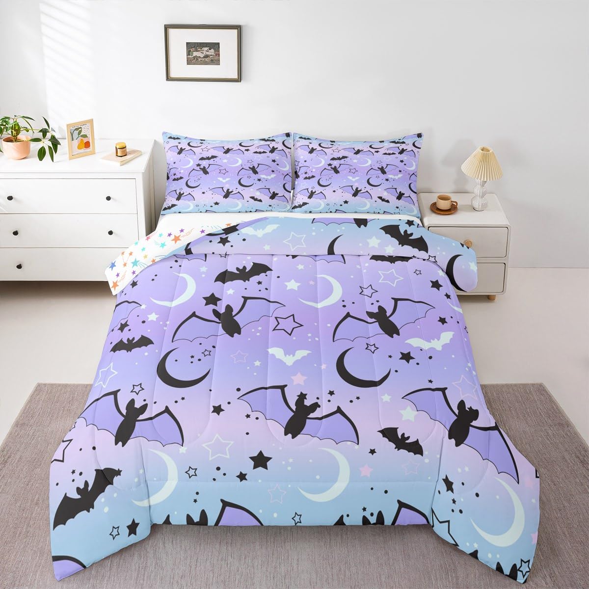 Feelyou Halloween Comforter Rainbow Comforter Set for Boys Girls Children Bat Moon Star Print Bedding Set Halloween Theme Purple Gradient Style Room Decor Twin Size Duvet Set 2Pcs with 1 Pillow Case